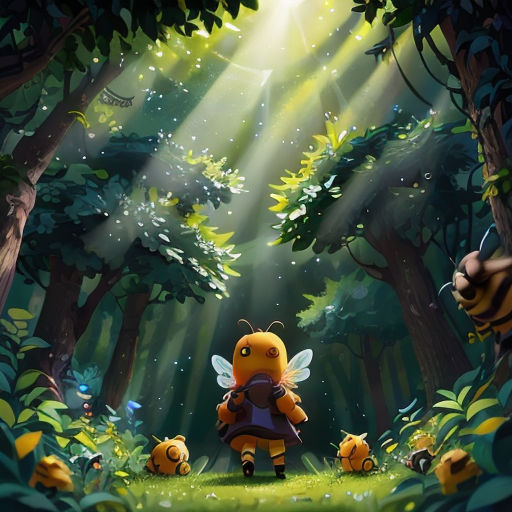 a cartoon character in a forest with a light shining through the trees and a bee on the ground with other characters