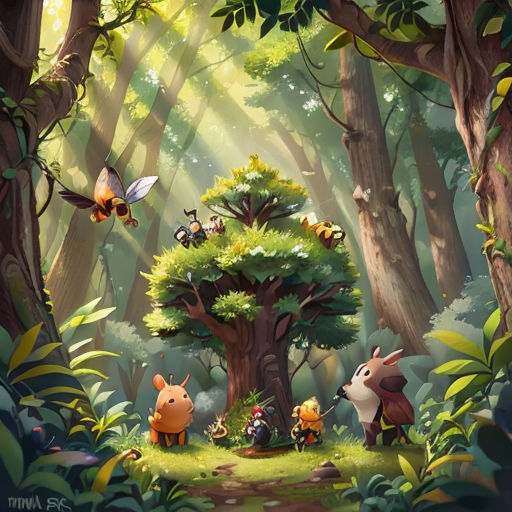 a forest with many animals and a tree with a bee on it and a bee flying over it in the air