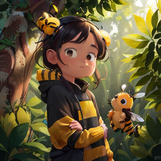 a little girl holding a bee in a forest with a bee on her shoulder and a bee on her shoulder