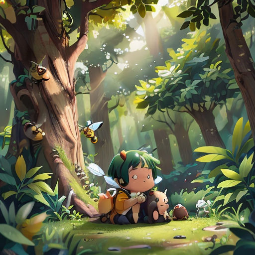 a cartoon of a girl sitting in the forest with a bee on her lap and a bee on her shoulder