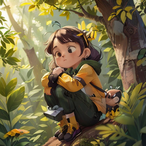 a girl sitting on a tree branch in the forest with leaves around her and a bird perched on her shoulder