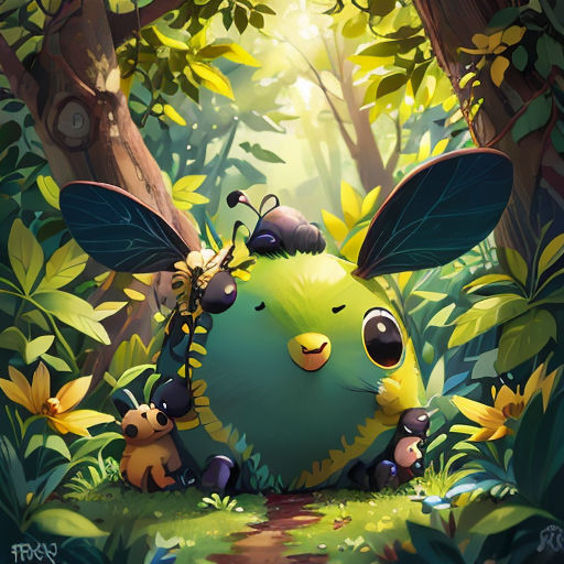 a green pokemon with a bunch of bugs on it's back in the woods with trees and flowers