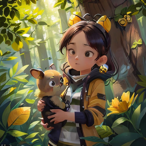 a girl holding a small animal in a forest with sunflowers and bees on her head and a bee on her shoulder