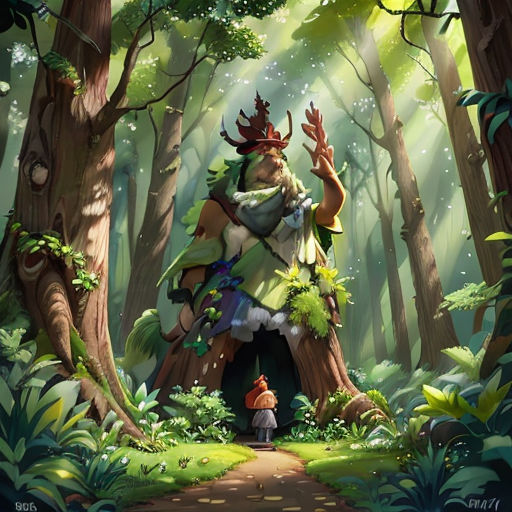 a cartoon character standing in the middle of a forest with a forest gnome on his head and a forest path