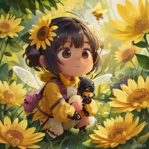 a little girl sitting on top of a field of sunflowers with a bee on her lap and a bee on her shoulder