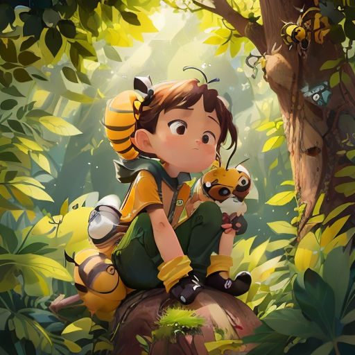 a girl sitting on a tree stump holding a stuffed animal in a forest with a bee on her shoulder