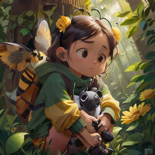 a girl holding a small animal in a forest with a bee on her shoulder and a bee on her shoulder