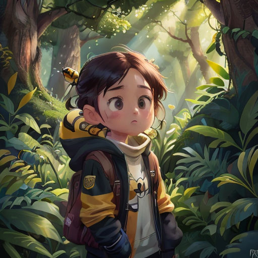 a young girl in a yellow and black jacket standing in a forest with a bee on her shoulder and a backpack on her shoulder