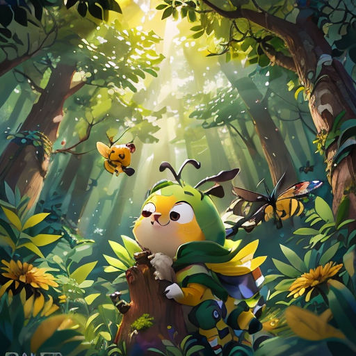 a cartoon character in a forest with bees and sunflowers on the ground and a bee on a tree stump