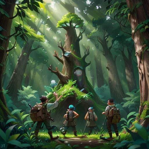 a group of people walking through a forest with backpacks on their backs and a tree trunk in the background