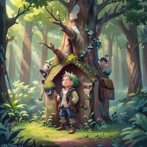a painting of a boy standing in front of a tree house in the woods with other children around him