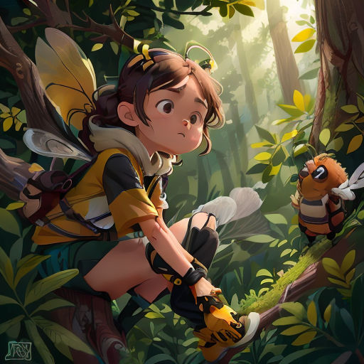 a girl in a bee costume is sitting on a tree branch in the forest with a bee on her arm