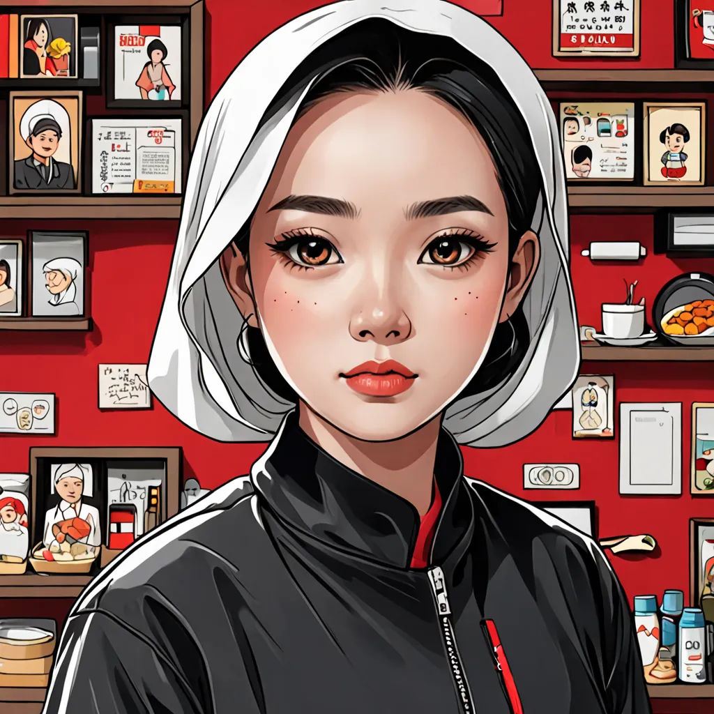 a woman with a white head scarf on her head and a red wall behind her with shelves of food and pictures, hyperrealism, a detailed drawing, Artgerm, high detail illustration