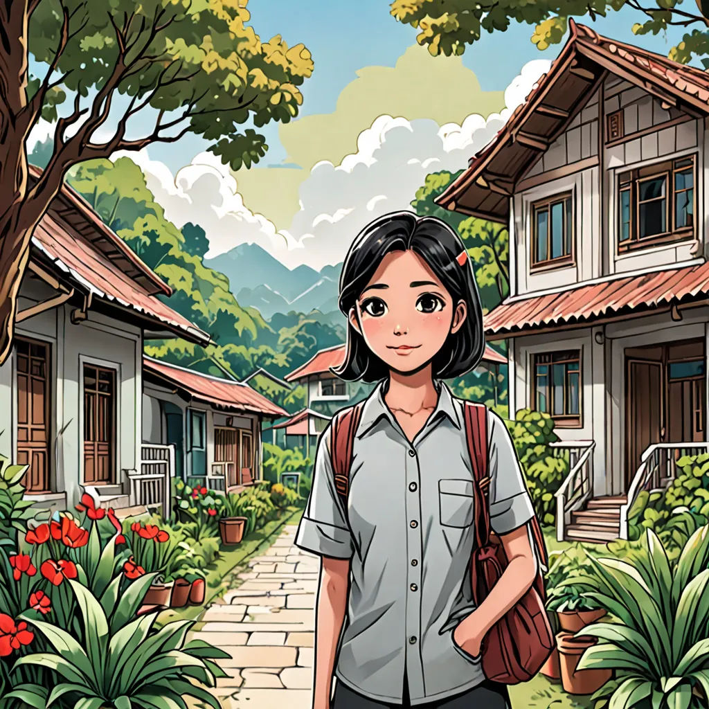 a woman standing in front of a house with a garden and flowers in front of her and a path leading to the house, magical realism, a storybook illustration, Cui Bai, comic cover art