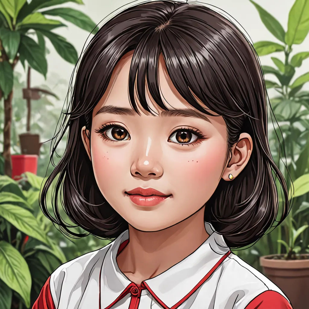 a digital painting of a girl in a red and white shirt and tie with a potted plant behind her, photorealism, a character portrait, Artgerm, character portrait