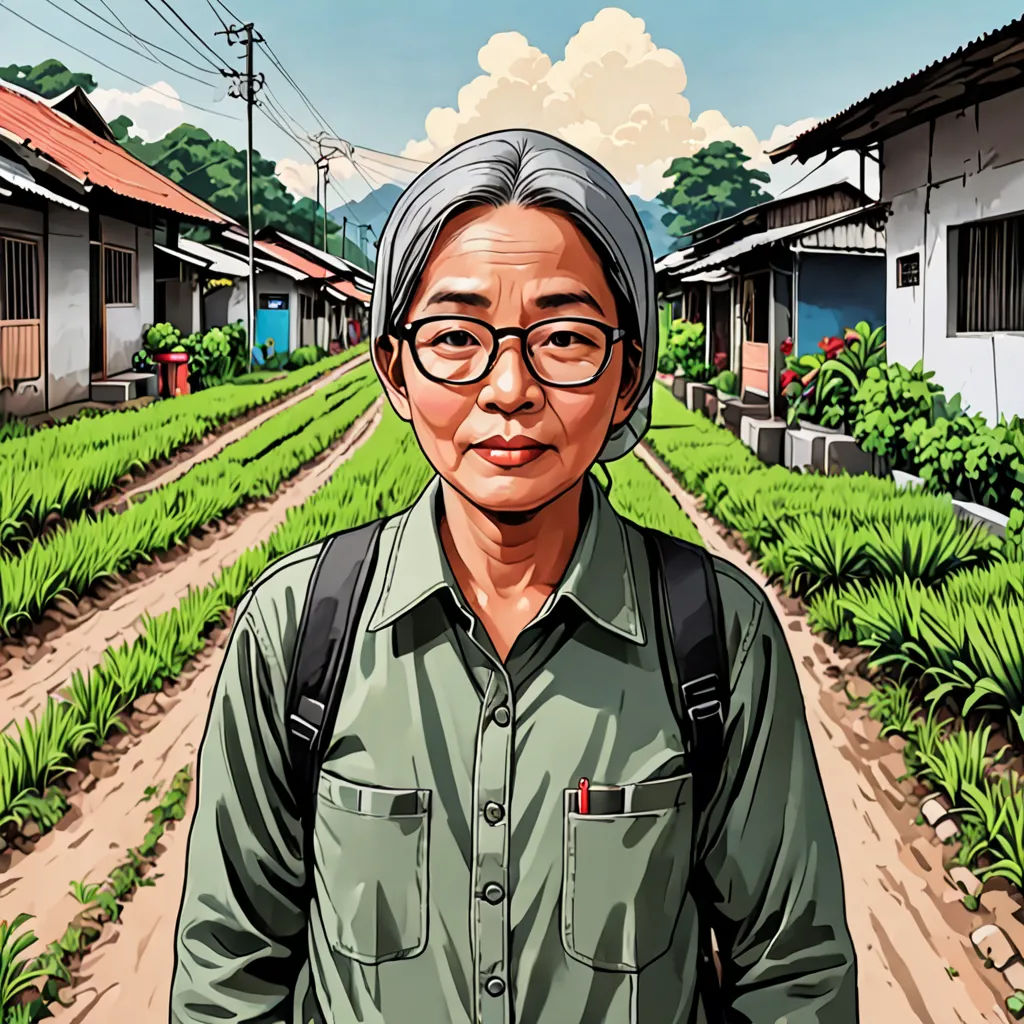 a man with glasses standing in front of a green field with houses and trees in the background and a sky with clouds, serial art, a character portrait, Eizan Kikukawa, yukito kishiro
