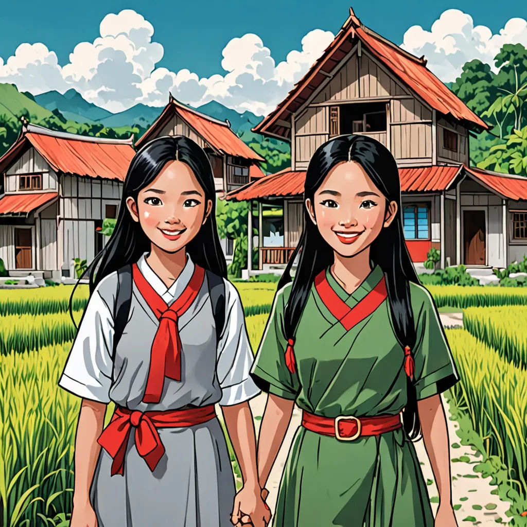 two girls are standing in front of a house with a red roof and a green field with grass and trees, regionalism, a comic book panel, Ding Guanpeng, graphic novel