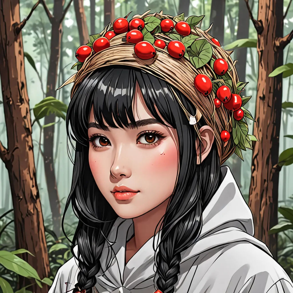 a girl with a wreath of cherries on her head in a forest with trees and bushes behind her, fantasy art, a character portrait, Artgerm, fantasy character portrait