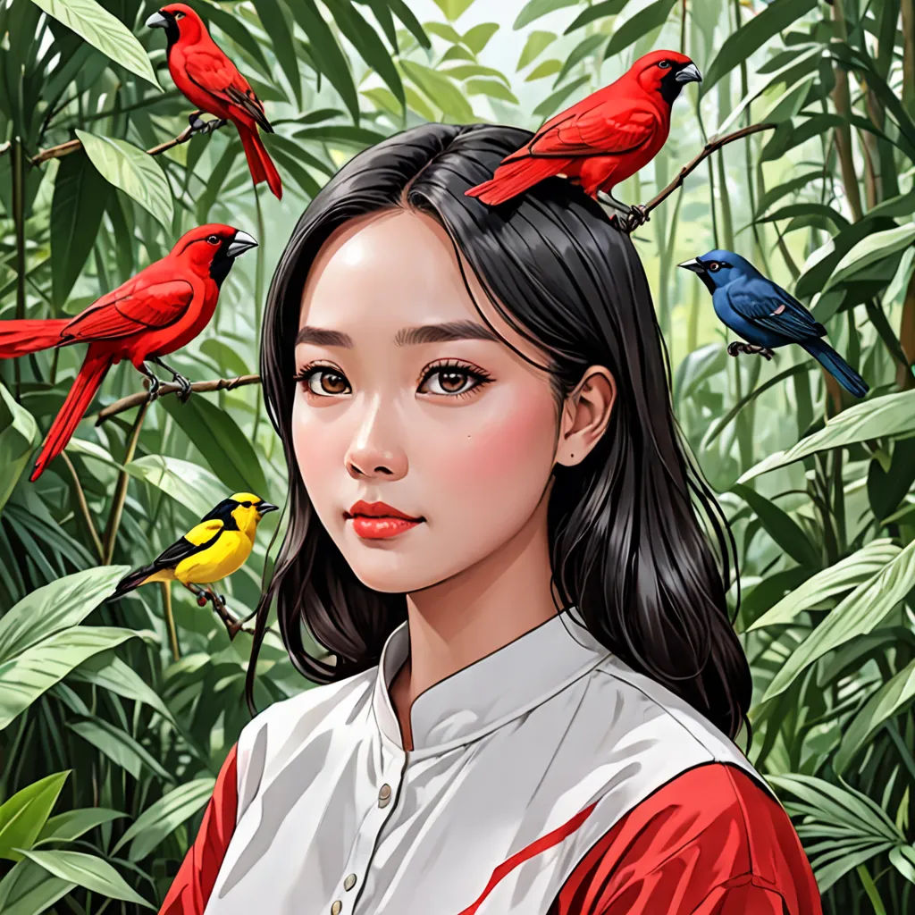 a woman with birds on her head standing in front of a jungle of birds on her head and a bird on her head, fantasy art, a photorealistic painting, Artgerm, highly detailed digital painting