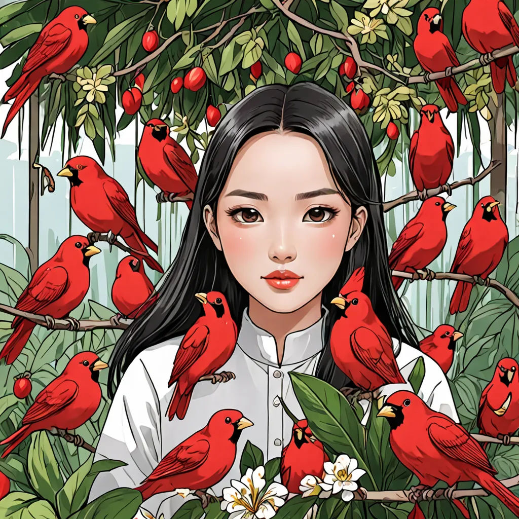 a woman surrounded by birds in a tree with flowers and leaves on it's branches, with a woman's face surrounded by red birds, art & language, a detailed drawing, Chen Hong, trending on art station