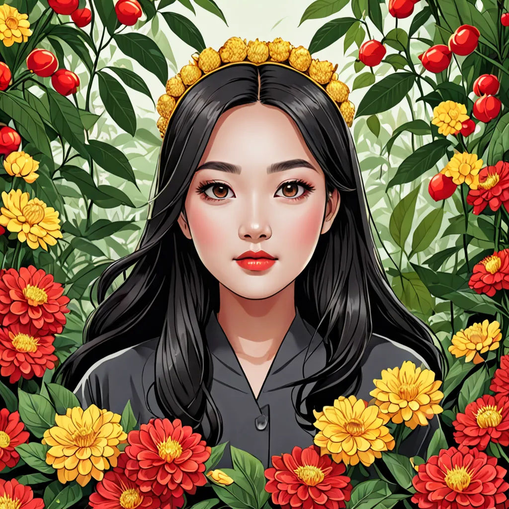a woman with long hair and a wreath of flowers in her hair is surrounded by red and yellow flowers, fantasy art, a character portrait, Artgerm, trending on art station