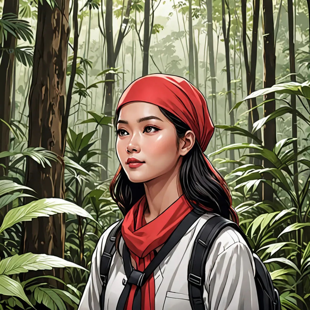 a woman with a red bandana standing in a forest with trees and plants behind her, looking at the camera, photorealism, a character portrait, Choi Buk, comic cover art