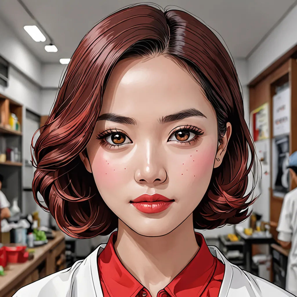 a digital painting of a woman in a lab with a red shirt and tie on her neck and a man in the background, computer art, a character portrait, Artgerm, very detailed face