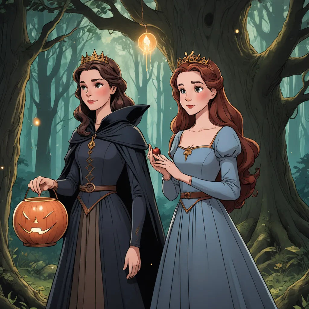 a couple of women in costumes standing next to each other in a forest with a pumpkin in hand and a light bulb above their head, gothic art, a storybook illustration, disney, official art