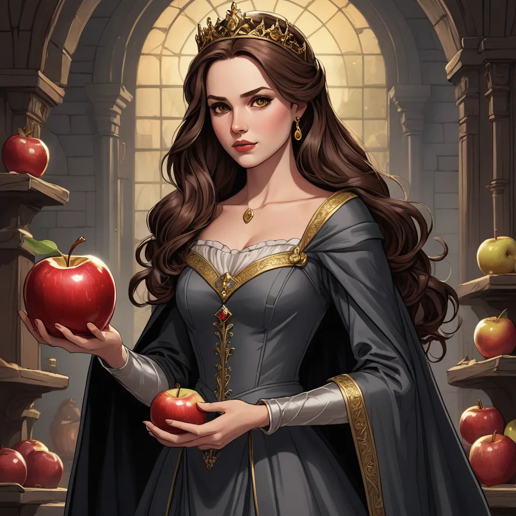a woman in a medieval dress holding an apple in front of a window with apples on shelves behind her, fantasy art, a detailed painting, Anne Stokes, fantasy artwork