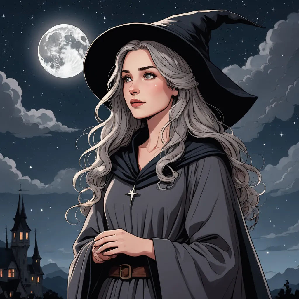 a woman in a witch costume standing in front of a castle at night with a full moon in the background, fantasy art, a character portrait, Charlie Bowater, fantasy character portrait