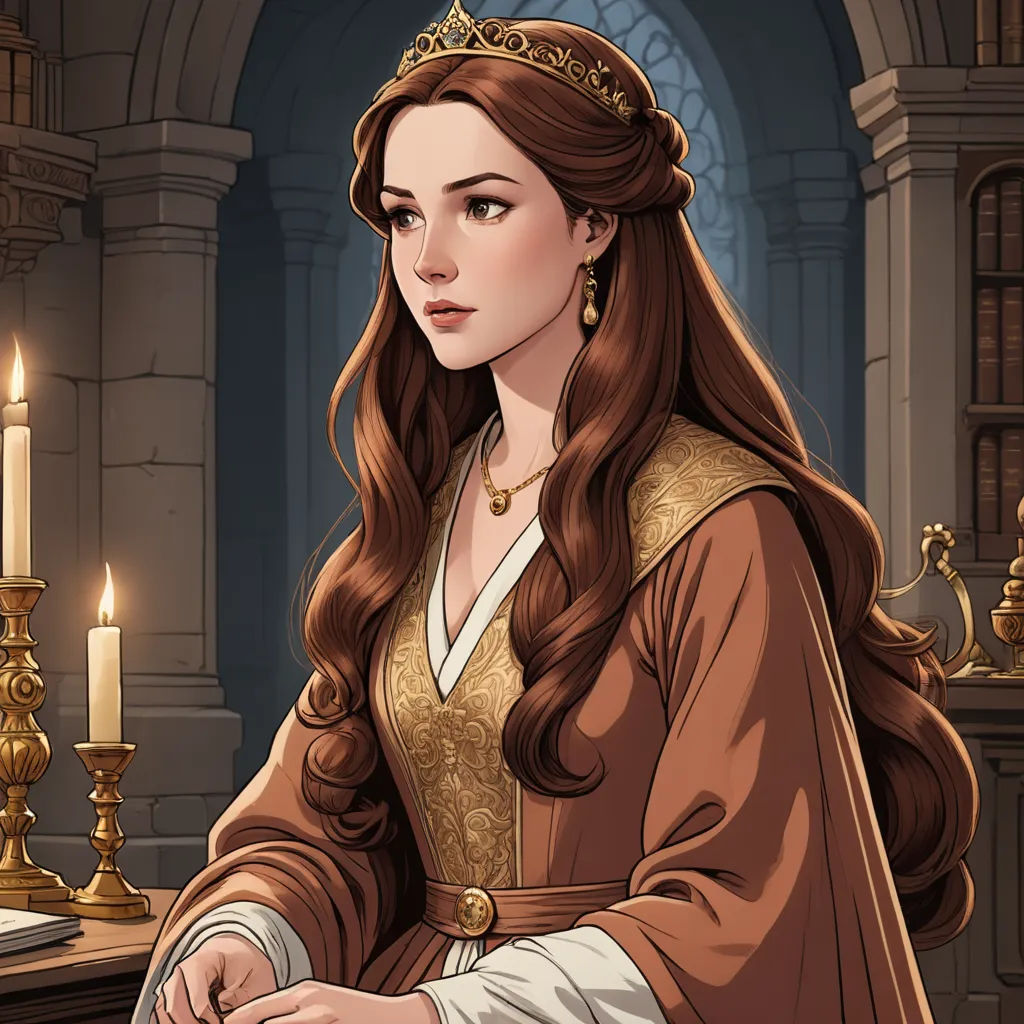 a woman in a golden dress sitting at a table with a candle in front of her and a book on the table, fantasy art, a character portrait, Clarice Beckett, game art