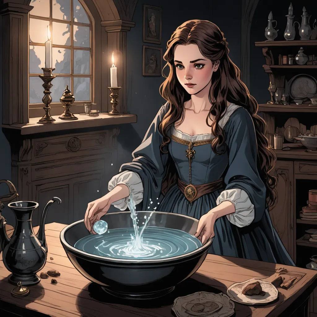 a woman in a blue dress is washing her hands in a bowl of water in a kitchen with a candle, fantasy art, a storybook illustration, Edgar Ainsworth, fantasy illustration