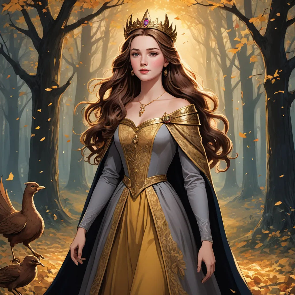 a woman in a golden dress standing in a forest with a bird nearby and a golden crown on her head, fantasy art, a detailed painting, Anne Stokes, fantasy illustration