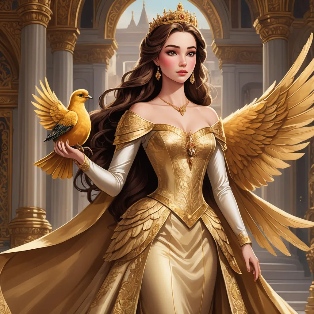a woman in a golden dress holding a bird in her hand and a golden bird on her arm, in front of a golden archway, fantasy art, a detailed painting, Anne Stokes, highly detailed digital art