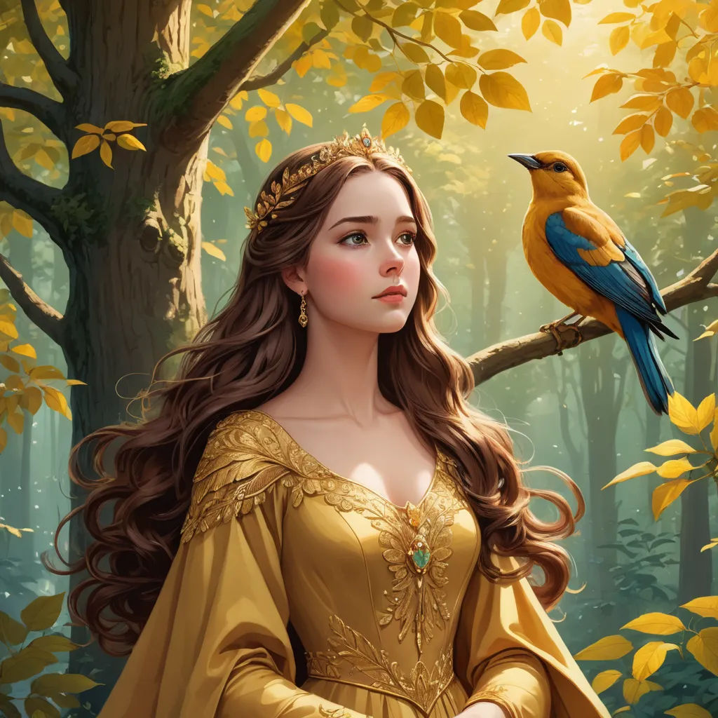 a painting of a woman in a yellow dress with a bird on her shoulder and a tree in the background, fantasy art, a detailed painting, Anne Stokes, highly detailed digital painting