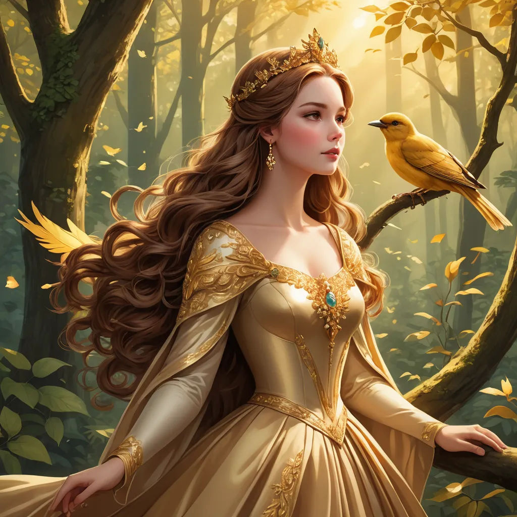 a beautiful woman in a golden dress standing in a forest with a bird on her shoulder and a yellow bird on her shoulder, fantasy art, a storybook illustration, Anne Stokes, highly detailed digital painting
