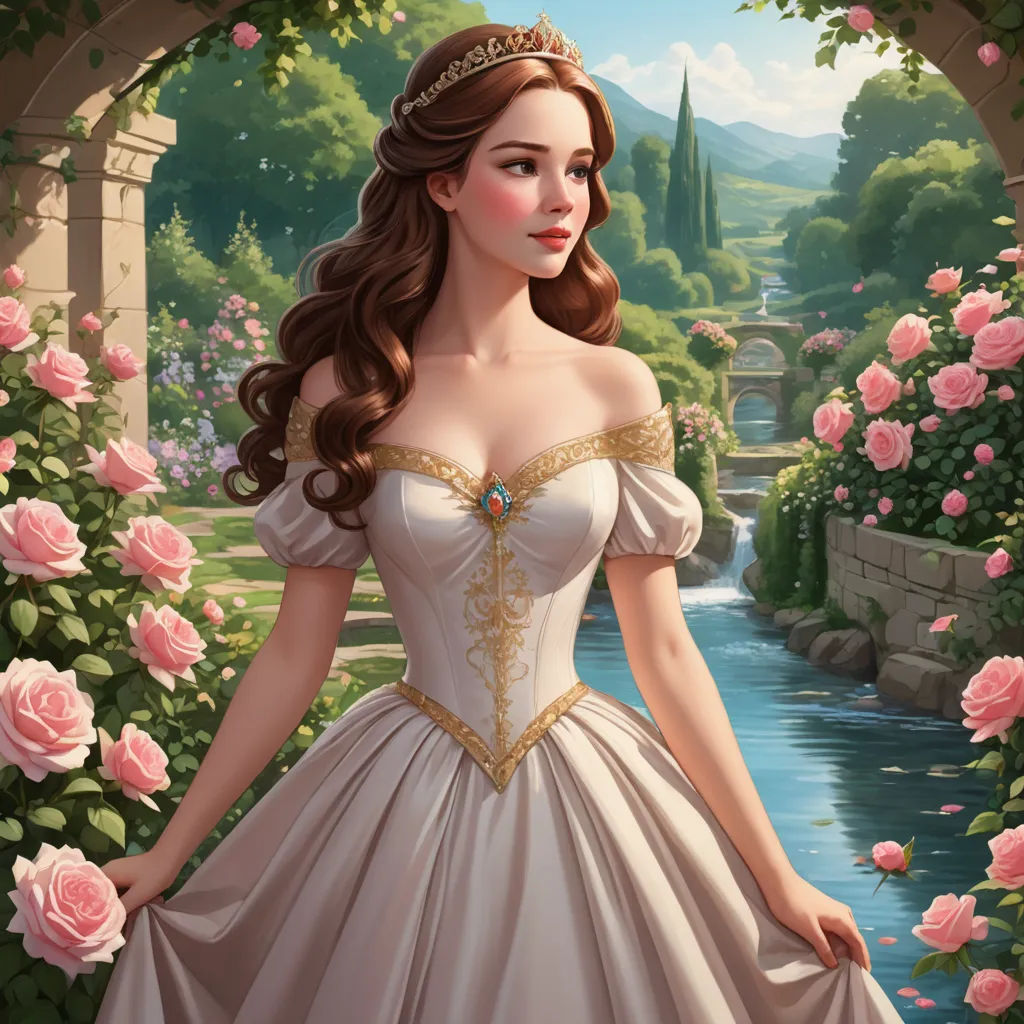 a beautiful woman in a white dress standing in front of a rose garden with roses and a bridge in the background, fantasy art, a storybook illustration, Anne Stokes, kinkade