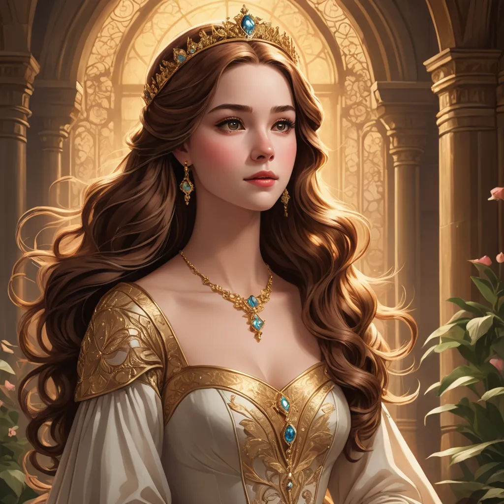 a beautiful woman in a golden dress with a tiara on her head and a rose in her hand, fantasy art, a detailed painting, Charlie Bowater, rossdraws global illumination