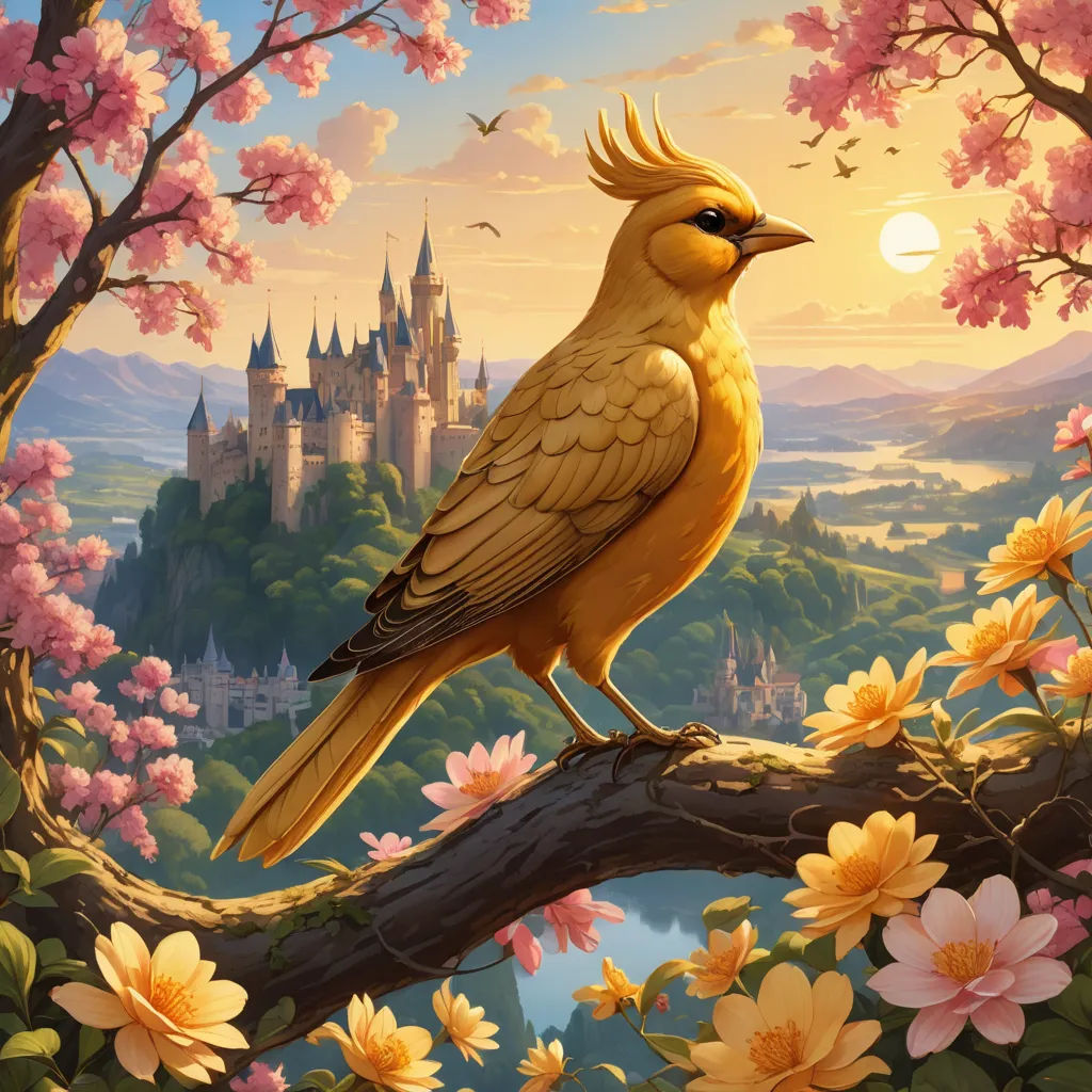 a bird sitting on a branch in front of a castle with flowers in the foreground and a bird flying over it, fantasy art, a storybook illustration, Chris LaBrooy, highly detailed digital painting