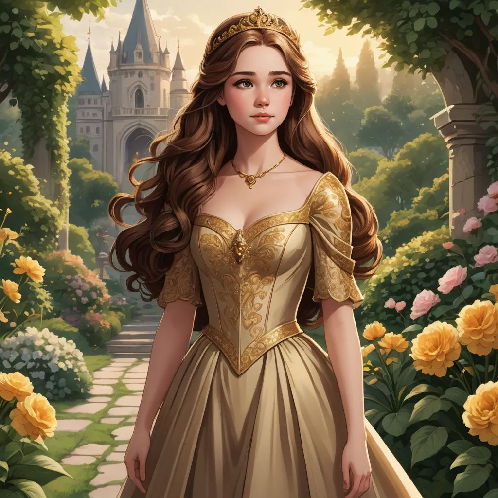 a painting of a woman in a dress in a garden with roses and a castle in the background with a path leading to it, fantasy art, a detailed painting, Anne Stokes, kinkade
