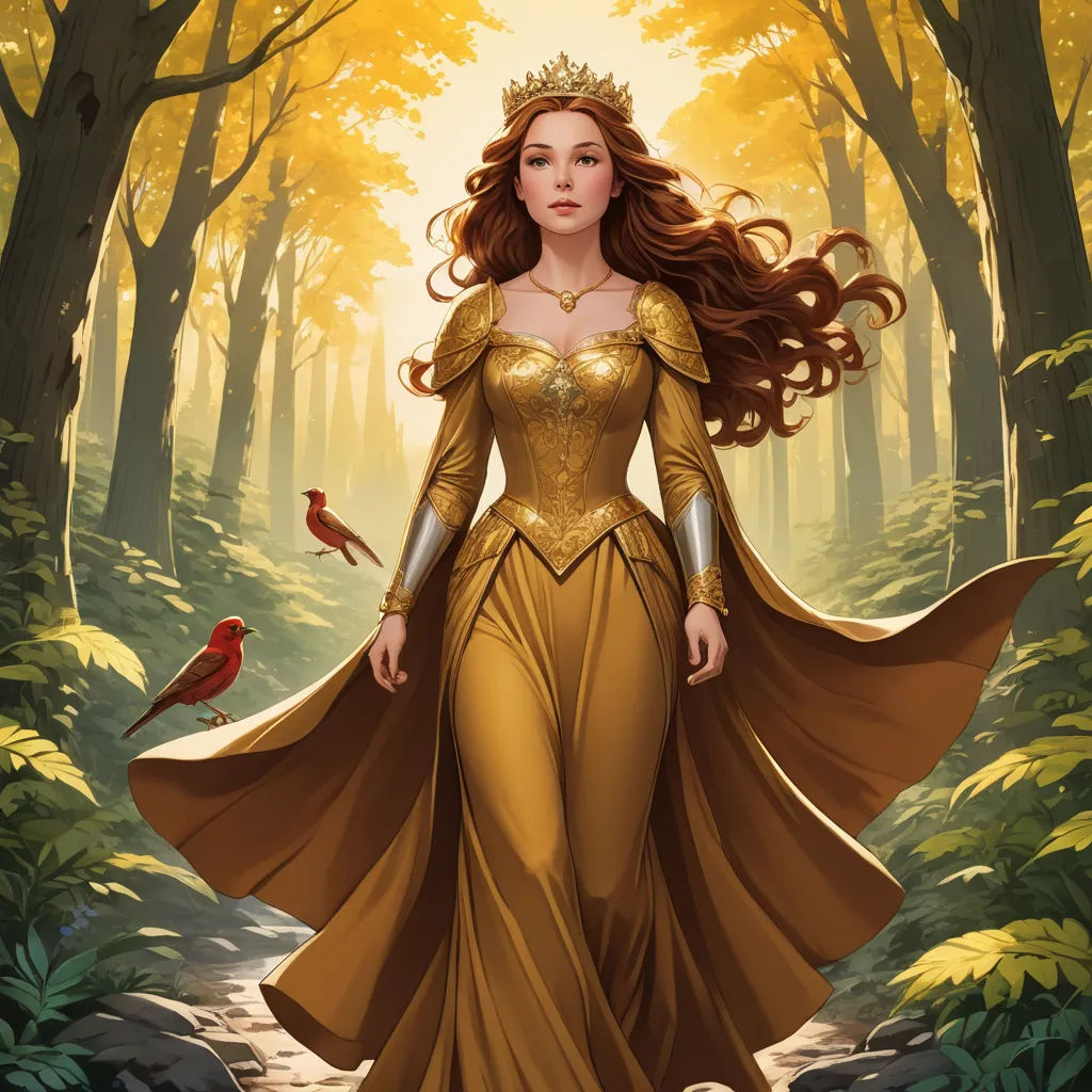 a woman in a golden dress standing in a forest with a bird on her shoulder and a bird on her shoulder, fantasy art, a storybook illustration, Anne Stokes, fantasy artwork
