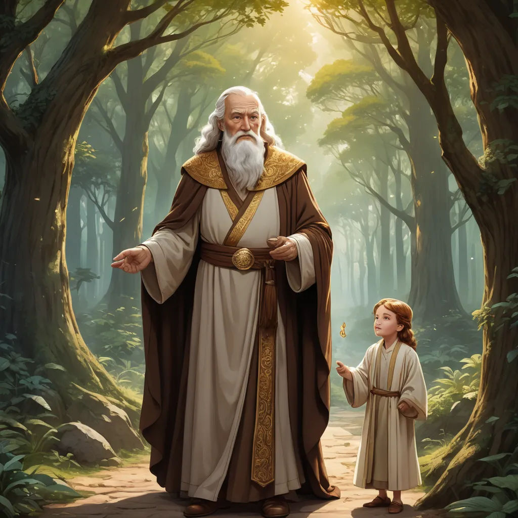 a painting of a man and a little girl in a forest with a priest in the background and a sun shining through the trees, fantasy art, a storybook illustration, Christophe Vacher, storybook illustration