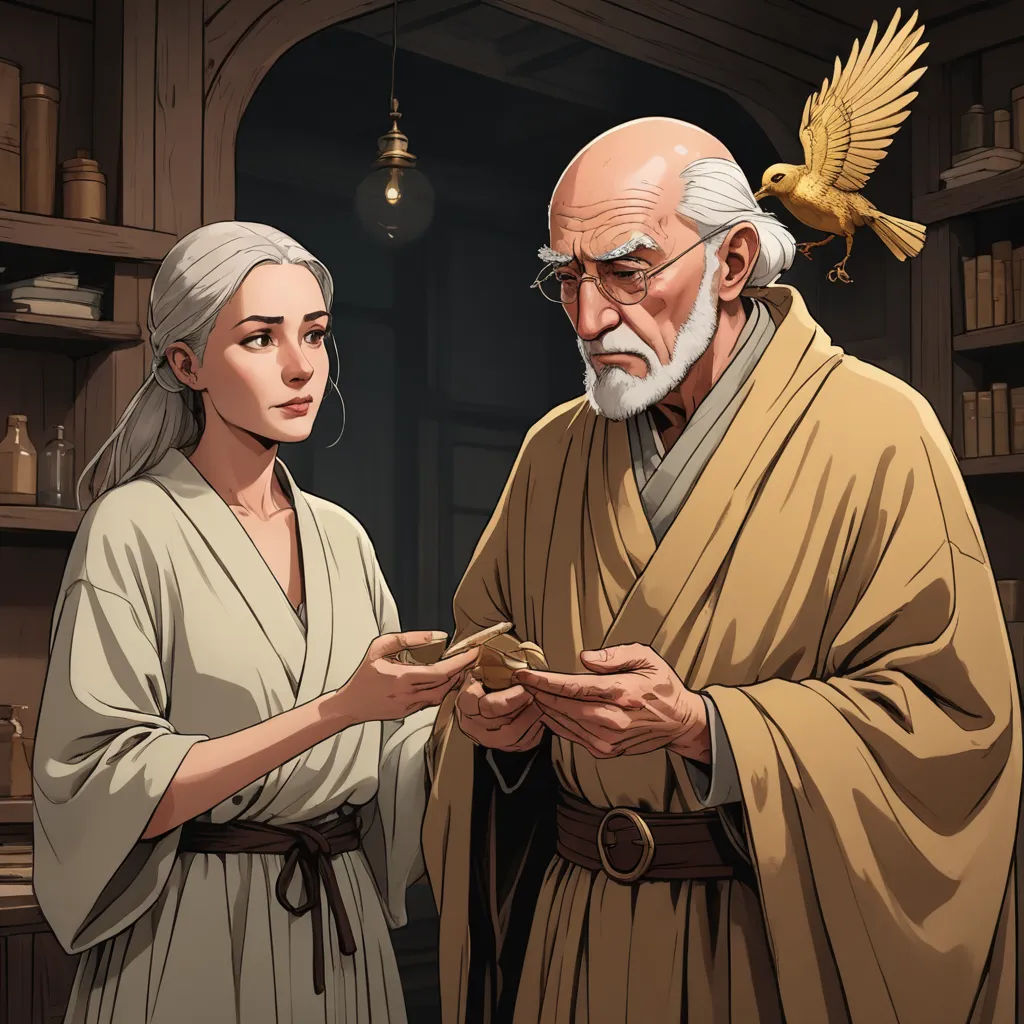 a man and a woman are looking at a bird on a plate in a room with shelves and a lamp, fantasy art, a storybook illustration, Anne Said, official art