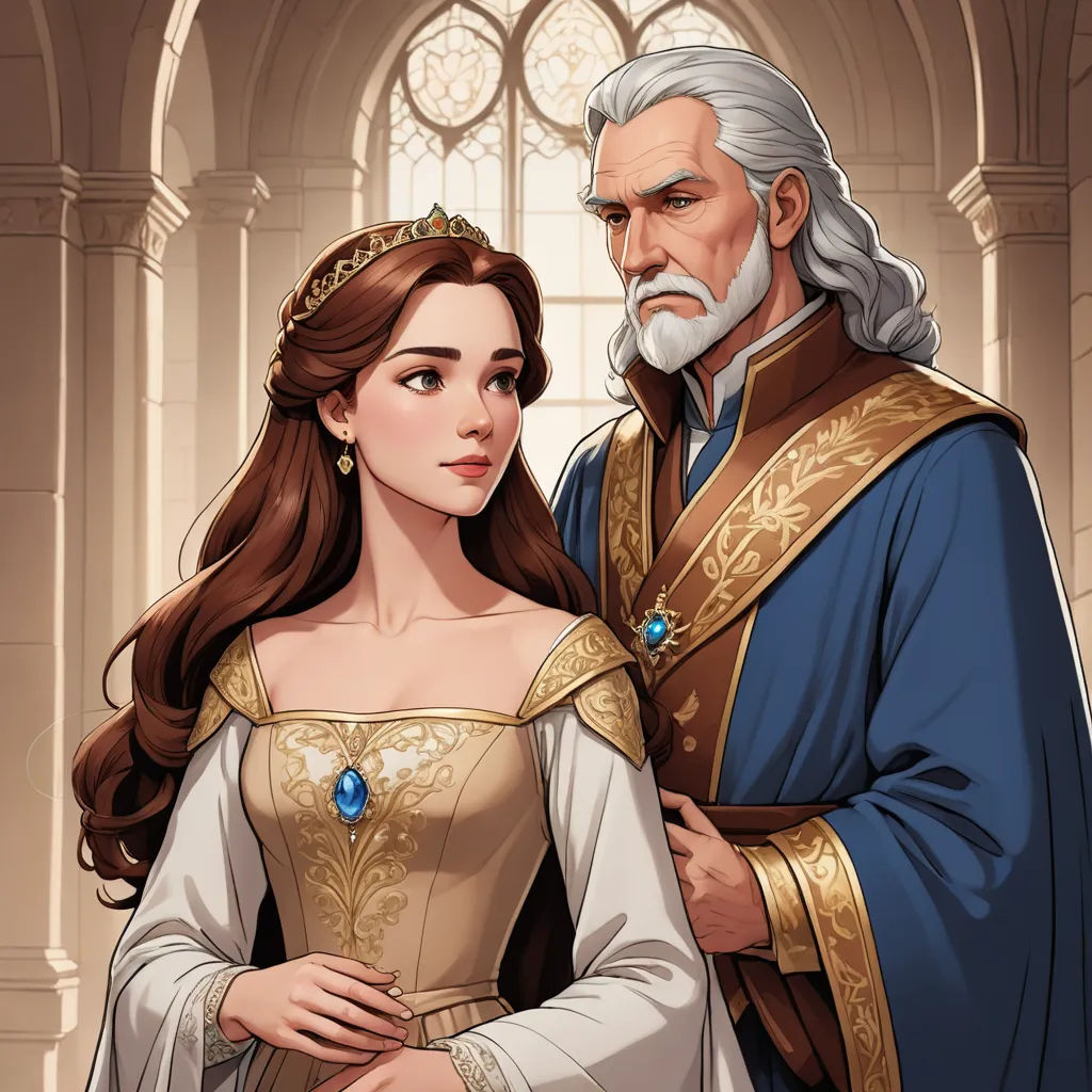 a man and woman dressed in medieval clothing standing next to each other in front of a window with a stained glass window, fantasy art, a storybook illustration, Charlie Bowater, official art