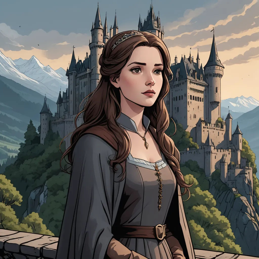 a woman in a medieval dress standing in front of a castle with a castle in the background and a mountain in the foreground, fantasy art, a storybook illustration, Charlie Bowater, kinkade