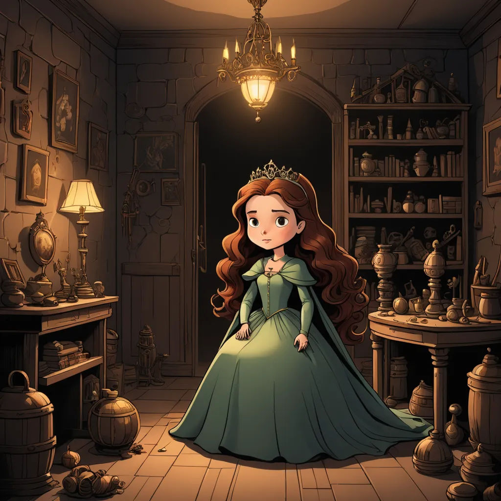 a cartoon of a princess sitting in a room with a fireplace and a table with a lamp on it, gothic art, a storybook illustration, Clarice Beckett, storybook illustration