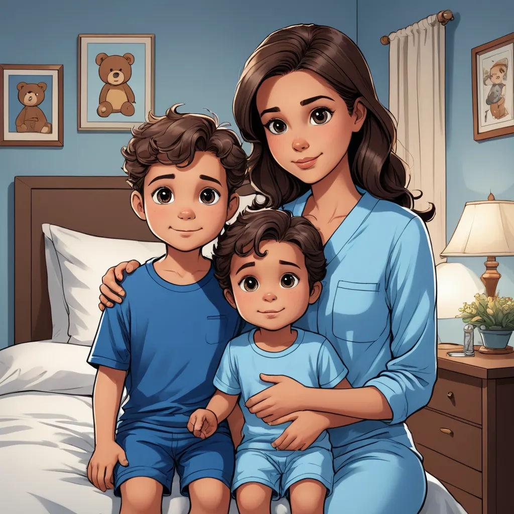 a woman and two children sitting on a bed in a bedroom with a teddy bear on the wall behind them, sots art, a storybook illustration, Cyril Rolando, storybook illustration