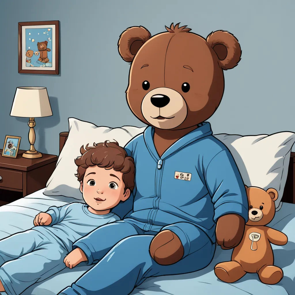 a man and a child are in bed with a teddy bear and a lamp on the nightstand of the bed, sots art, a storybook illustration, Diego Gisbert Llorens, storybook illustration