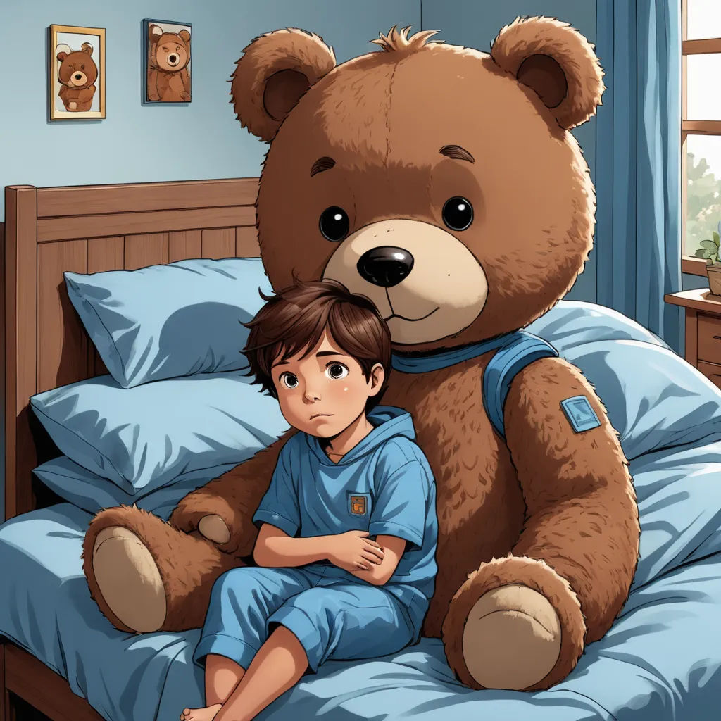 a boy sitting on a bed with a large teddy bear on his chest and a large teddy bear on his chest, sots art, a storybook illustration, Diego Gisbert Llorens, storybook illustration