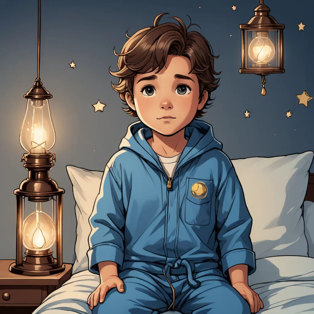 a boy sitting on a bed with a lamp on the nightstand behind him and a lamp on the wall, sots art, a storybook illustration, Diego Gisbert Llorens, fireflies